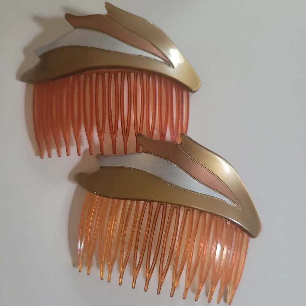 Vintage Made in USA Hair Side Combs Set of 2 Gold Silver Blue White Striped‎